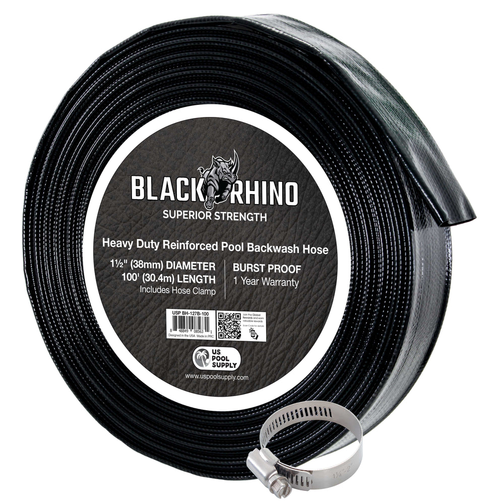 U.S. Pool Supply® Black Rhino 1-1/2" x 100' Pool Backwash Hose with Hose Clamp - Extra Heavy Duty Superior Strength, Thick 1.2mm (47mils) - Weather Burst Resistant
