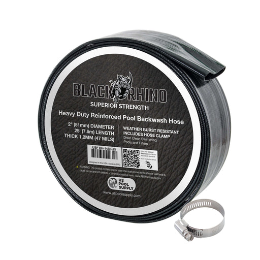 U.S. Pool Supply® Black Rhino 2" x 25' Pool Backwash Hose with Hose Clamp - Extra Heavy Duty Superior Strength, Thick 1.2mm (47 mils), Burst Resistant