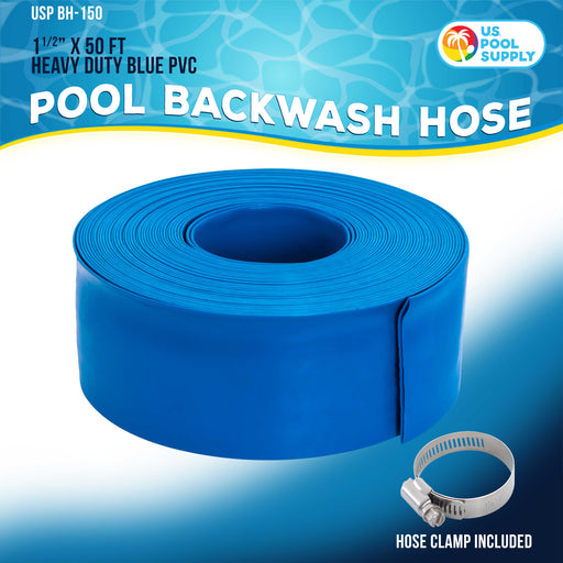 U.S. Pool Supply® 1-1/2" x 50' Heavy Duty Blue Swimming Pool Backwash Hose with Hose Clamp