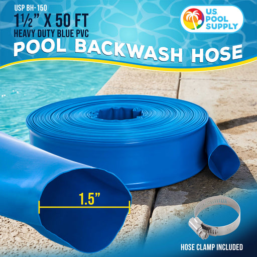 1-1/2" x 50' Heavy Duty Blue Swimming Pool Backwash Hose with Hose Clamp