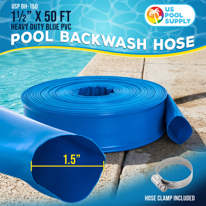 1-1/2" x 50' Heavy Duty Blue Swimming Pool Backwash Hose with Hose Clamp