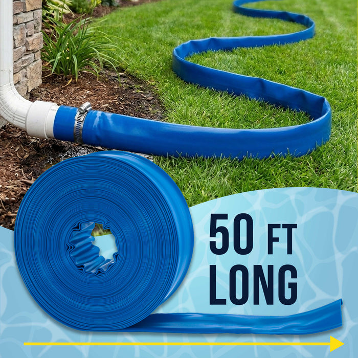 1-1/2" x 50' Heavy Duty Blue Swimming Pool Backwash Hose with Hose Clamp