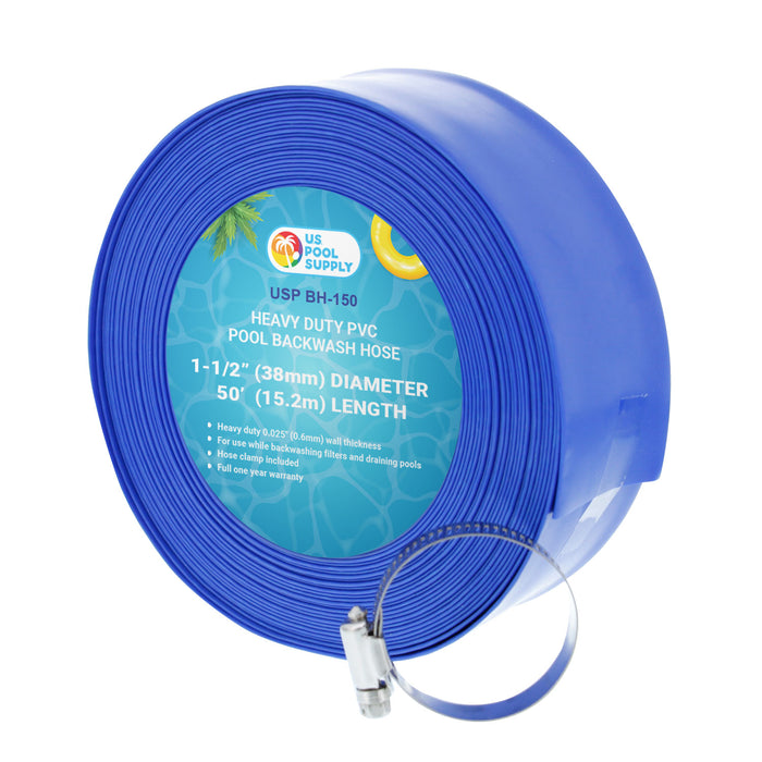 U.S. Pool Supply® 1-1/2" x 50' Heavy Duty Blue Swimming Pool Backwash Hose with Hose Clamp