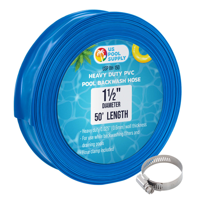 1-1/2" x 50' Heavy Duty Blue Swimming Pool Backwash Hose with Hose Clamp