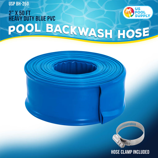 U.S. Pool Supply® 2" x 50' Heavy Duty Blue Swimming Pool Backwash Hose with Hose Clamp
