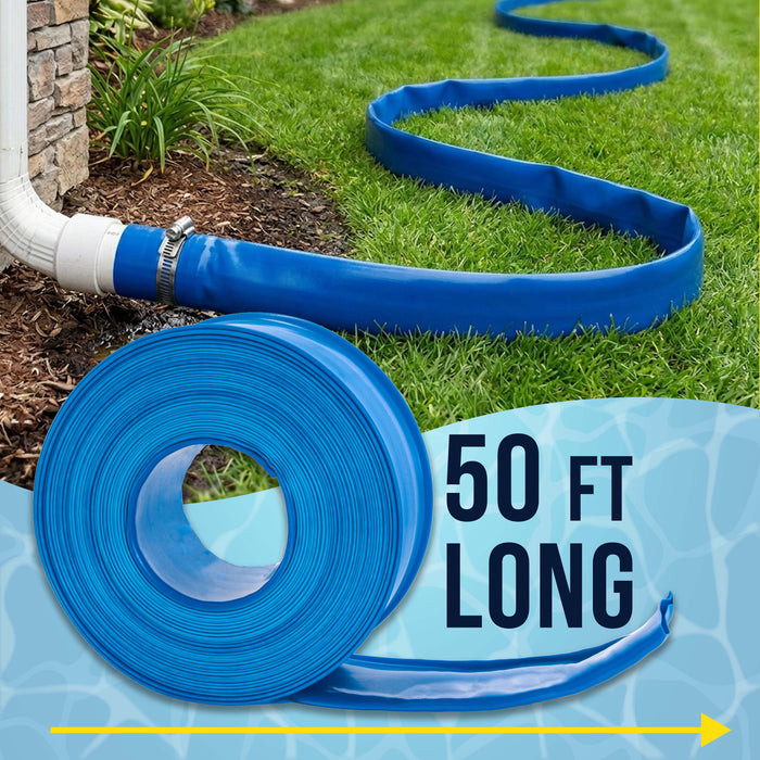 2" x 50' Heavy Duty Blue Swimming Pool Backwash Hose with Hose Clamp