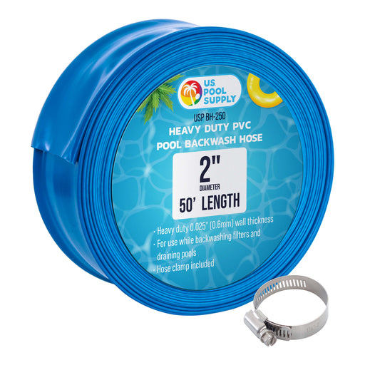2" x 50' Heavy Duty Blue Swimming Pool Backwash Hose with Hose Clamp