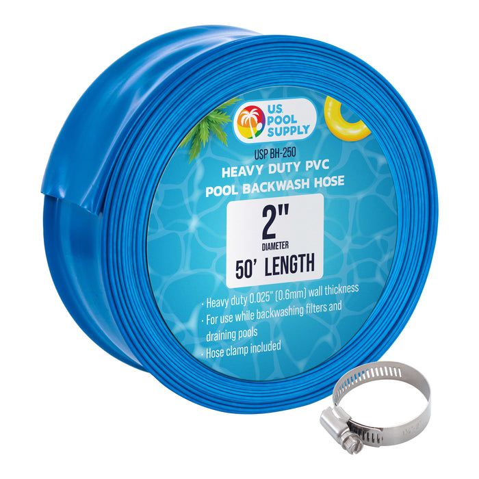 2" x 50' Heavy Duty Blue Swimming Pool Backwash Hose with Hose Clamp