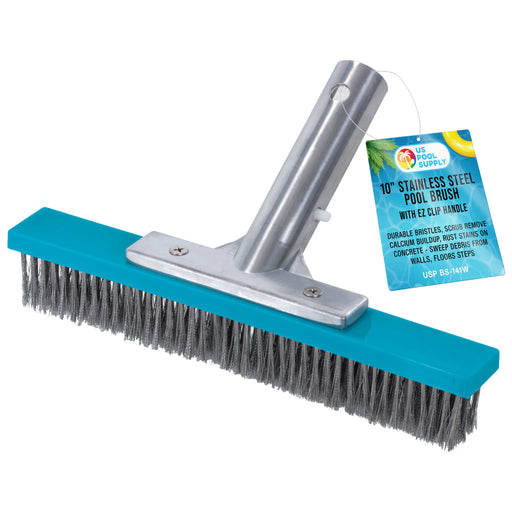 U.S. Pool Supply® Professional 10" Stainless Steel Pool Algae Brush with EZ Clip Handle - Durable Bristles, Remove Calcium Buildup, Rust Stains, Sweep Debris