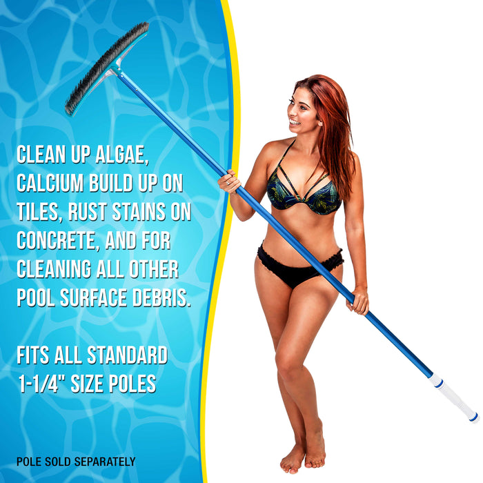 U.S. Pool Supply® Professional 18" Stainless Steel Pool Algae Brush with Heavy Duty Aluminum Handle, EZ Clips - Durable Wire Bristles, Scrub & Remove Rust Stains Debris