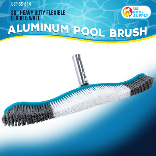 U.S. Pool Supply® Professional Heavy Duty 20" Flexible Floor & Wall Pool Brush with Polished Aluminum EZ Clip Handle - Curved Ends, Durable Nylon Bristles