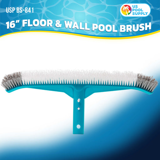 U.S. Pool Supply Professional 16" Floor & Wall Pool Brush, Nylon Bristles, Curved Ends, EZ Clip Handle - Clean Remove Leaves & Debris, Pool Maintenance