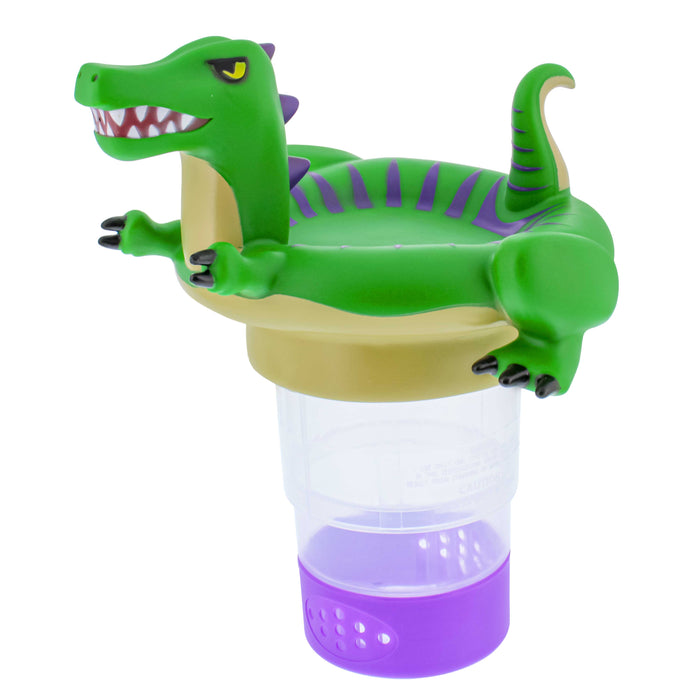 Dinosaur Floating Pool Chlorine Dispenser, Collapsible Base, Holds 3" Tablets, 10" Fun Cute Green T-Rex Dino Pet Animal Float Floater
