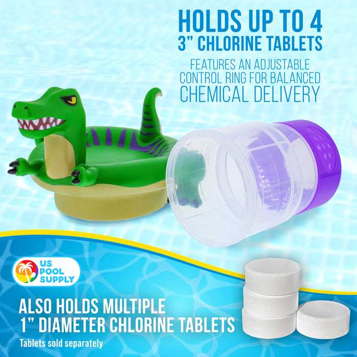 Dinosaur Floating Pool Chlorine Dispenser, Collapsible Base, Holds 3" Tablets, 10" Fun Cute Green T-Rex Dino Pet Animal Float Floater