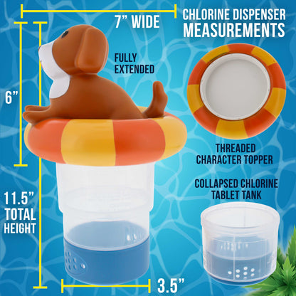 Puppy Dog Floating Pool Chlorine Dispenser, Collapsible Base, Holds 3" Tablets - 7" Fun Cute Pet Life Preserver Animal Float Floater