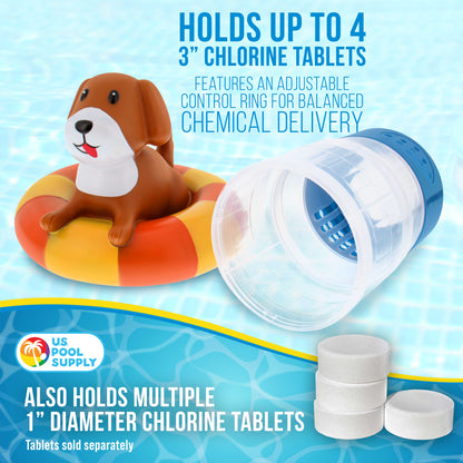 Puppy Dog Floating Pool Chlorine Dispenser, Collapsible Base, Holds 3" Tablets - 7" Fun Cute Pet Life Preserver Animal Float Floater