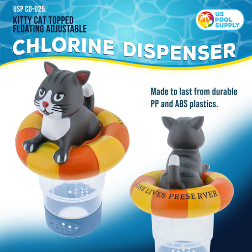 U.S. Pool Supply Kitty Cat Floating Pool Chlorine Dispenser, Collapsible Base, Holds 3" Tablets - 7" Fun Cute Pet Life Preserver Animal Float Floater