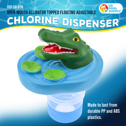 Open Mouth Alligator Floating Pool Chlorine Dispenser, Collapsible Base, Holds 3" Tablets - 6" Fun Scary Teeth Crocodile Animal Float