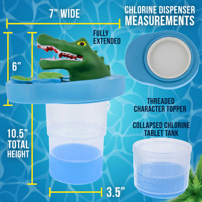 Open Mouth Alligator Floating Pool Chlorine Dispenser, Collapsible Base, Holds 3" Tablets - 6" Fun Scary Teeth Crocodile Animal Float