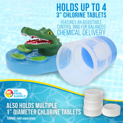 Open Mouth Alligator Floating Pool Chlorine Dispenser, Collapsible Base, Holds 3" Tablets - 6" Fun Scary Teeth Crocodile Animal Float