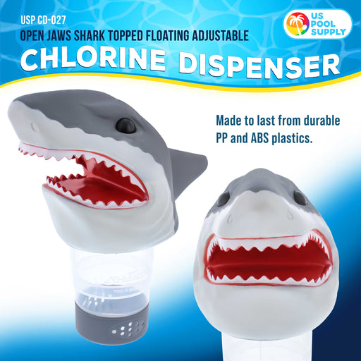 U.S. Pool Supply Open Jaws Shark Floating Pool Chlorine Dispenser, Collapsible Base, Holds 3" Tablets - 11" Fun, Scary Teeth Great White Animal Float