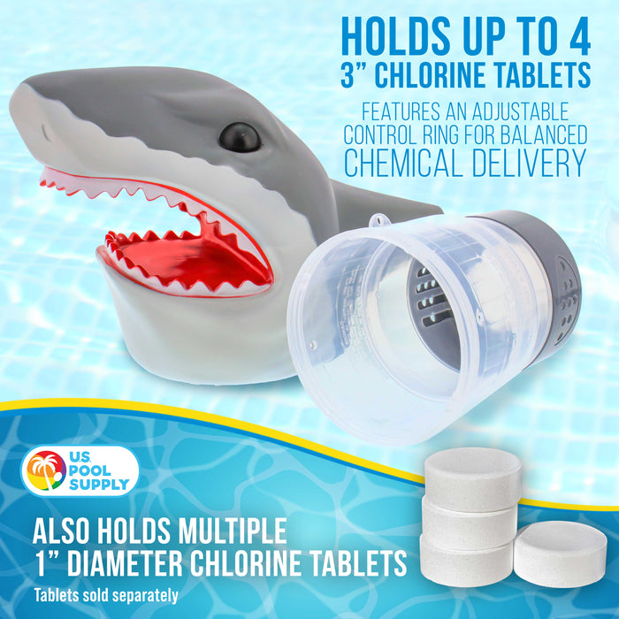 U.S. Pool Supply Open Jaws Shark Floating Pool Chlorine Dispenser, Collapsible Base, Holds 3" Tablets - 11" Fun, Scary Teeth Great White Animal Float
