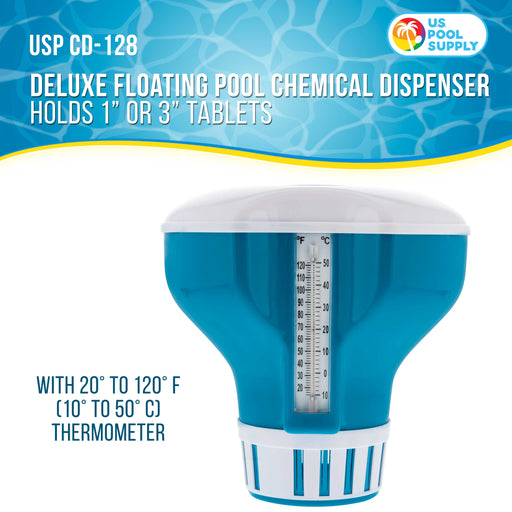 U.S. Pool Supply® Large Pool Floating Chlorine Chemical Dispenser with 120° F Thermometer, 7" Diameter, Holds 3" Tablets, Adjustable Chemical Delivery