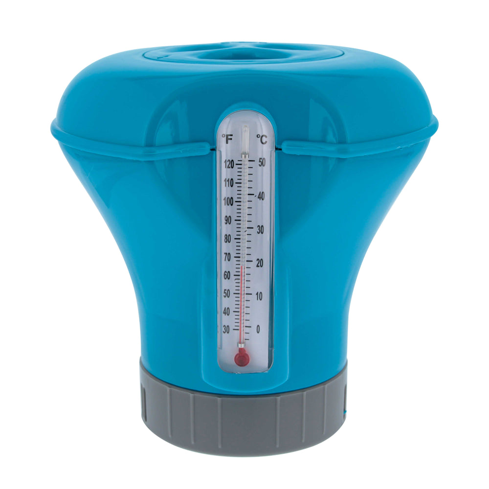 Pool Chlorine Floater Dispenser with Thermometer - 8" Diameter Floating Chlorinator, Large Capacity Holds 3" Tablets - Adjustable Ring for Balanced Chemical Delivery