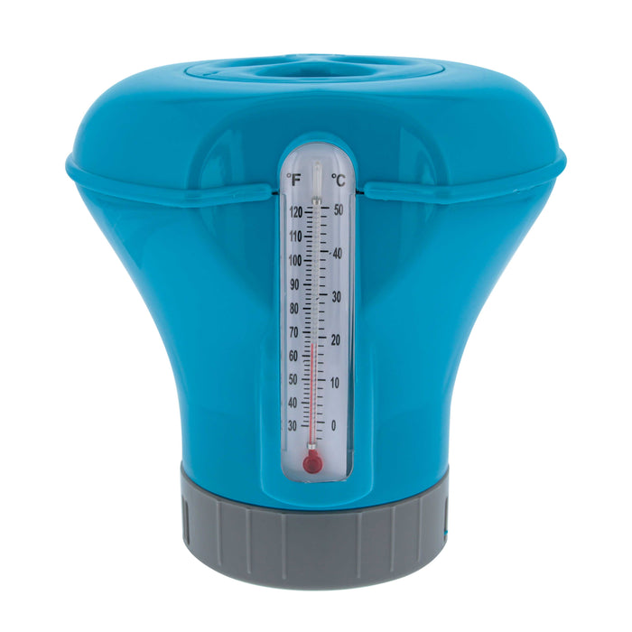 Pool Chlorine Floater Dispenser with Thermometer - 8" Diameter Floating Chlorinator, Large Capacity Holds 3" Tablets - Adjustable Ring for Balanced Chemical Delivery