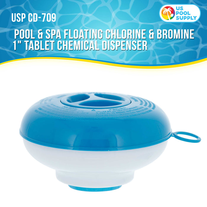 U.S. Pool Supply® Pool & Spa Floating Chlorine & Bromine 1" Tablet Chemical Dispenser, 5" Diameter, Collapsible Floater