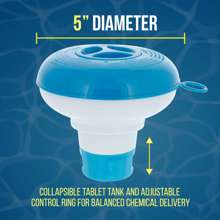 U.S. Pool Supply® Pool & Spa Floating Chlorine & Bromine 1" Tablet Chemical Dispenser, 5" Diameter, Collapsible Floater