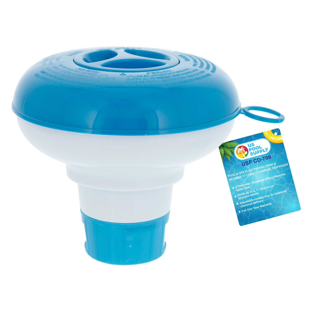 U.S. Pool Supply® Pool & Spa Floating Chlorine & Bromine 1" Tablet Chemical Dispenser, 5" Diameter, Collapsible Floater