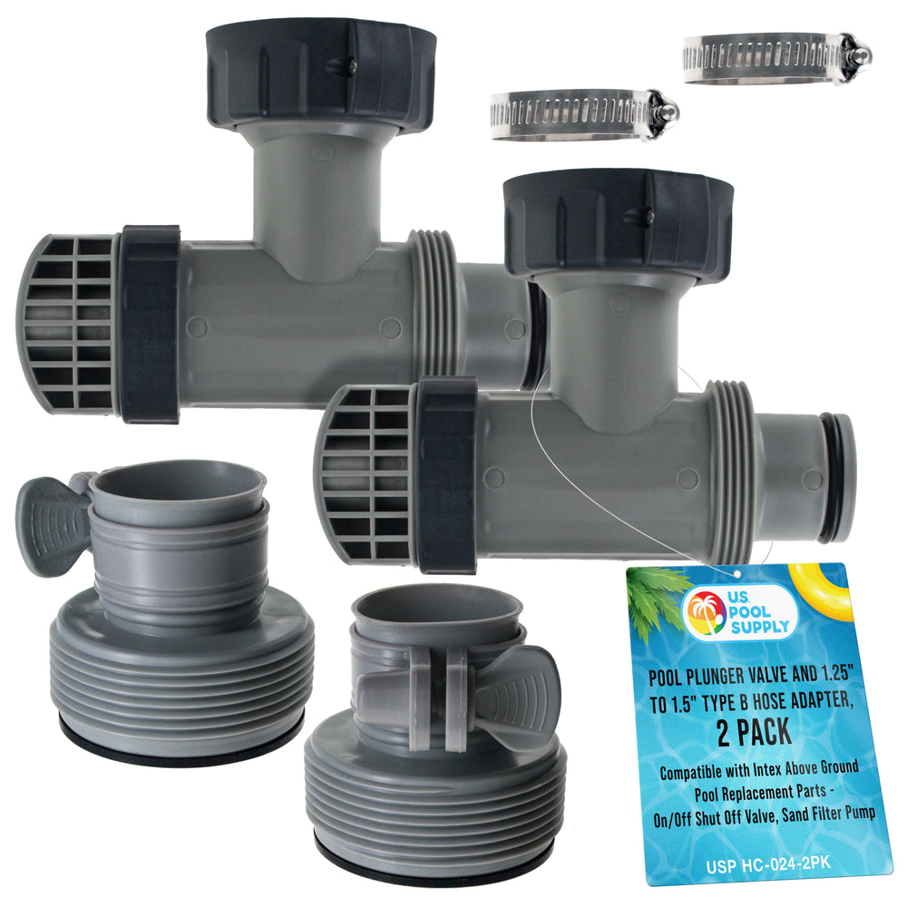 Pool Plunger Valve and 1.25" to 1.5" Type B Hose Adapter, Pack of 2 - Compatible with Intex Above Ground Pool Replacement Parts - On/Off Shut Off Valve, Sand Filter Pump