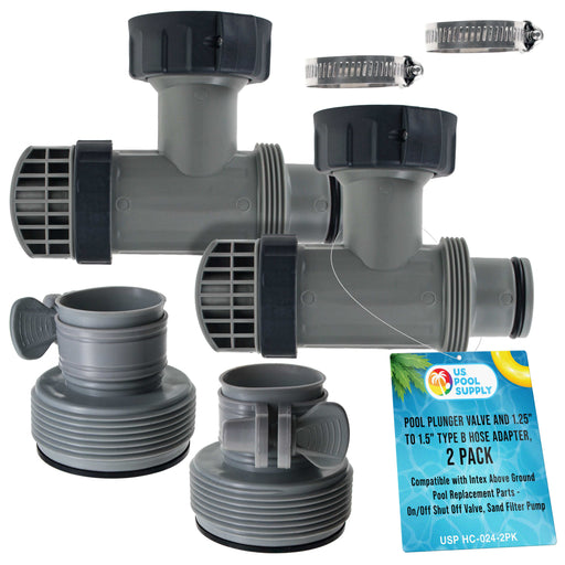 Pool Plunger Valve and 1.25" to 1.5" Type B Hose Adapter, Pack of 2 - Compatible with Intex Above Ground Pool Replacement Parts - On/Off Shut Off Valve, Sand Filter Pump