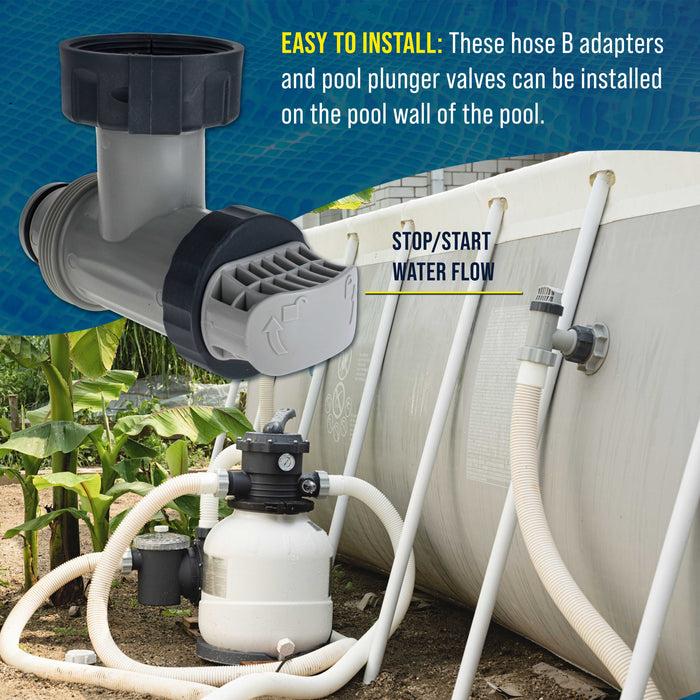 Pool Plunger Valve and 1.25" to 1.5" Type B Hose Adapter, Pack of 2 - Compatible with Intex Above Ground Pool Replacement Parts - On/Off Shut Off Valve, Sand Filter Pump