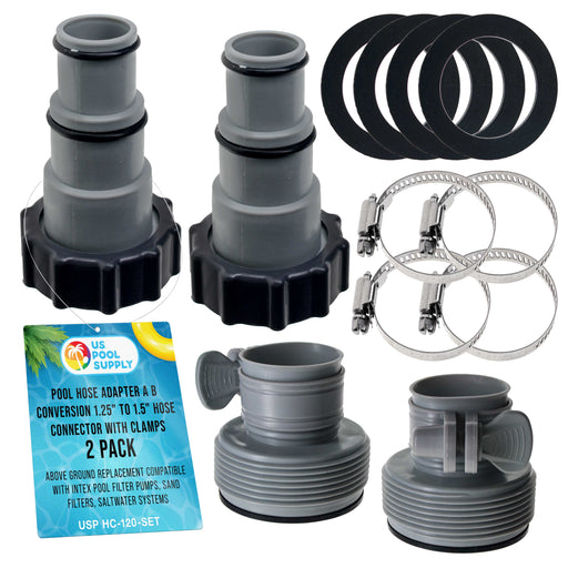 Pool Hose Adapter A B Conversion 1.25" to 1.5" Hose Connector with Clamps, Pack of 2 - Above Ground Replacement Compatible with Intex Pool Filter Pumps, Sand Filters Saltwater Systems