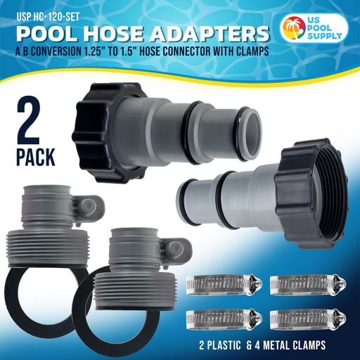 Pool Hose Adapter A B Conversion 1.25" to 1.5" Hose Connector with Clamps, Pack of 2 - Above Ground Replacement Compatible with Intex Pool Filter Pumps, Sand Filters Saltwater Systems