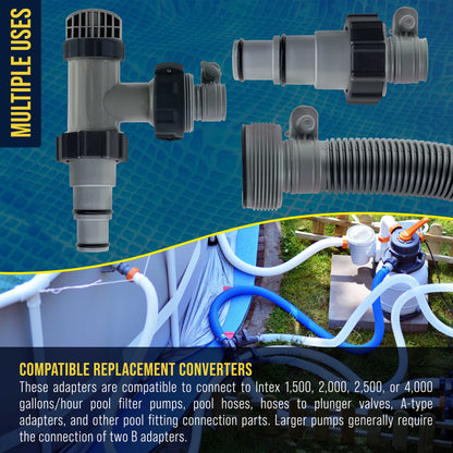 Pool Hose Adapter A B Conversion 1.25" to 1.5" Hose Connector with Clamps, Pack of 2 - Above Ground Replacement Compatible with Intex Pool Filter Pumps, Sand Filters Saltwater Systems