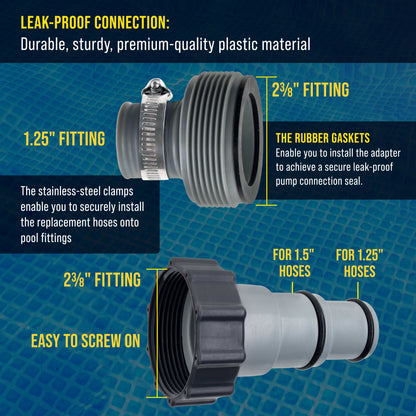 Pool Hose Adapter A B Conversion 1.25" to 1.5" Hose Connector with Clamps, Pack of 2 - Above Ground Replacement Compatible with Intex Pool Filter Pumps, Sand Filters Saltwater Systems
