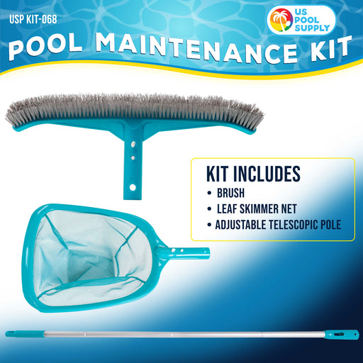 U.S. Pool Supply Pool Maintenance Kit with Leaf Skimmer Net, Brush & Adjustable Telescopic Pole - 6" Deep Mesh Netting, Nylon Brush Clean Sweep Debris