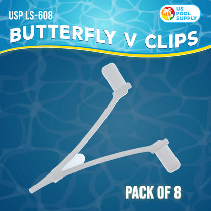 Pool Butterfly V Clips, Pack of 8 - Plastic Pool Accessory Replacement Clips for Handles on Skimmer Nets, Leaf Rakes, Brushes, Vacuum