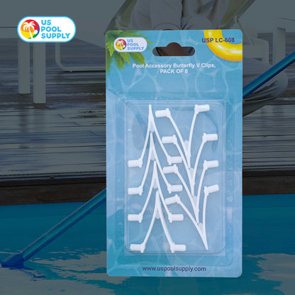 Pool Butterfly V Clips, Pack of 8 - Plastic Pool Accessory Replacement Clips for Handles on Skimmer Nets, Leaf Rakes, Brushes, Vacuum