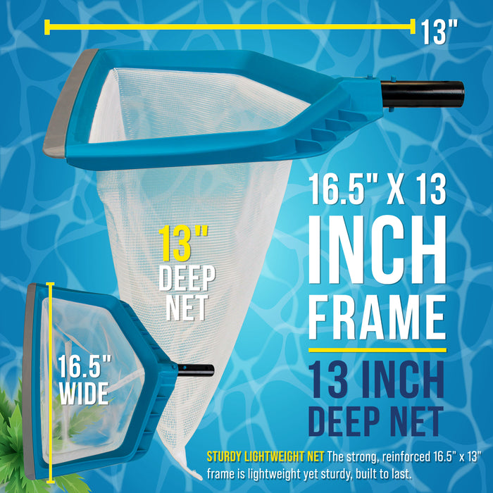 Pool Skimmer Net - Leaf Rake Fine Mesh Pool Skimmer Net, Rubber Scoop Edge, 13" Deep Leaf Bag, Aluminum Pole Handle