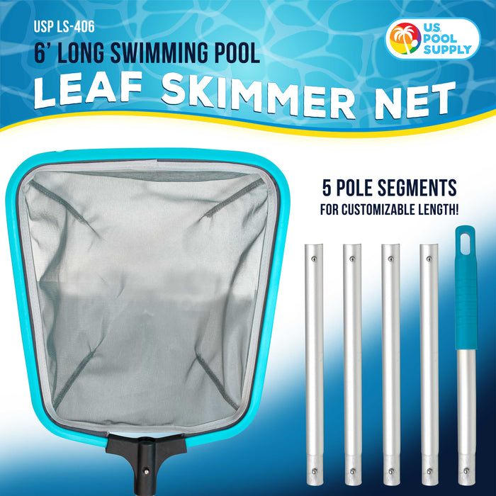 U.S. Pool Supply Swimming Pool, Spa 6-Foot Long Leaf Skimmer Net with 13" Aluminum Frame & Pole Sections - 5" Deep Ultra Fine Mesh Netting Bag Basket