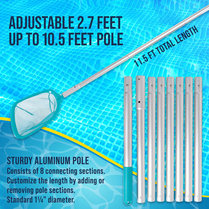 U.S. Pool Supply 11.5 Foot Swimming Pool Leaf Skimmer Net with Telescopic Aluminum Pole, 8 Sections - 6" Deep Ultra Fine Mesh Netting, Remove Debris
