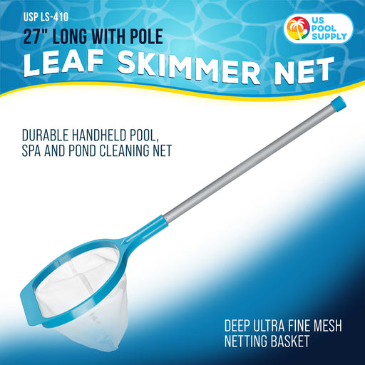 U.S. Pool Supply Spa, Hot Tub, Pond, Pool Hand Leaf Skimmer Net, 27" Long with Pole - Deep Ultra Fine Mesh Netting, Handheld Cleaning Finest Debris