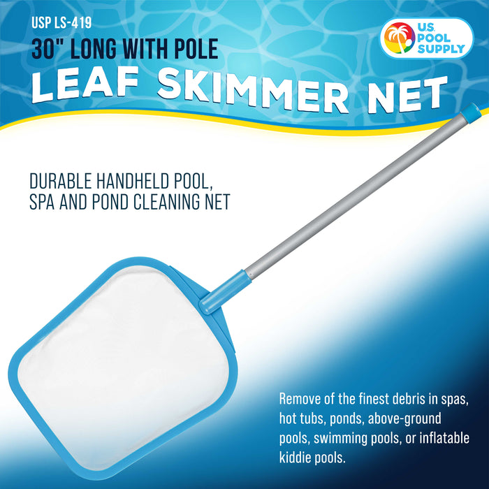 Spa, Hot Tub, Pool Hand Leaf Skimmer Net, 30" Long with Pole - Ultra Fine Mesh Netting, Handheld Pool Cleaning Net, Clean the Finest Debris, Leaves, Ponds - Small Above Ground
