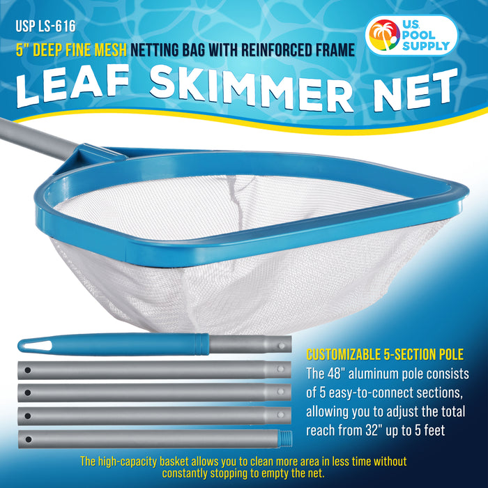 U.S. Pool Supply Pool and Spa Skimmer Net with Pole, Handheld Fine Mesh Pool Leaf Skimmer Net - Hand Held Spa, Hot Tub, Pond Cleaning - Step-Up 32" to 5 Feet Long, 5" Deep Netting, Scoop Skim Leaves