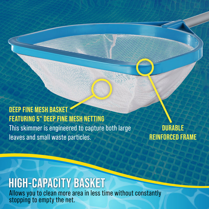 U.S. Pool Supply Pool and Spa Skimmer Net with Pole, 30" Long Handheld Fine Mesh Pool Skimmer Net - Hand Held Spa, Hot Tub, Pond Cleaning - 17" Pole Handle, Deep Leaf Netting, Scoop Skim Leaves