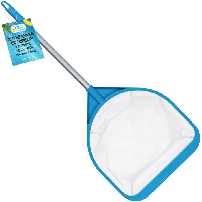 U.S. Pool Supply Pool and Spa Skimmer Net with Pole, 30" Long Handheld Ultra-Fine Mesh Pool Skimmer Net - Hand Held Spa, Hot Tub, Pond Cleaning - 17" Pole Handle, Deep Leaf Netting, Scoop Skim Leaves